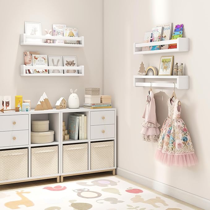 Fun Memories Nursery Book Shelves Set of 4, 24 Inch Solid Wood Wall Book Shelves, Kids Room Floating Shelves Organizer & Toy 