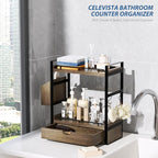 2-Tier Wood Bathroom Counter Organizer, Countertop Organizer with Drawer and Storage Basket, Bathroom Sink Organizer for Vani