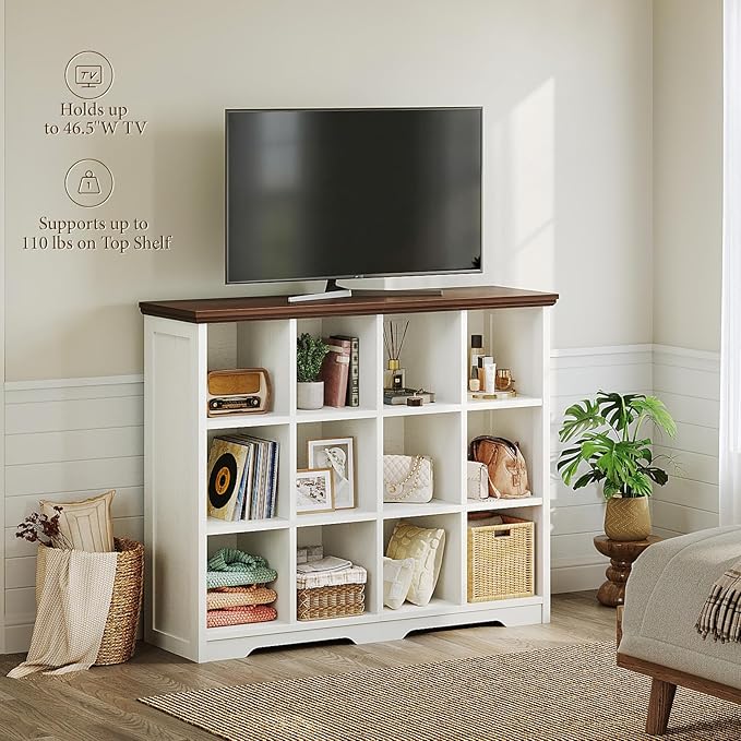 OffiGo 12 Cube Organizer Bookcase, Modern Farmhouse Open Shelf for Storage Bins & Decor, Display Bookshelf Console Closet for