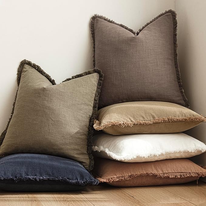 Foindtower Set of 2 Decorative Linen Fringe Throw Pillow Covers Cozy Farmhouse Cushion Cover with Tassels Accent Pillowcase f