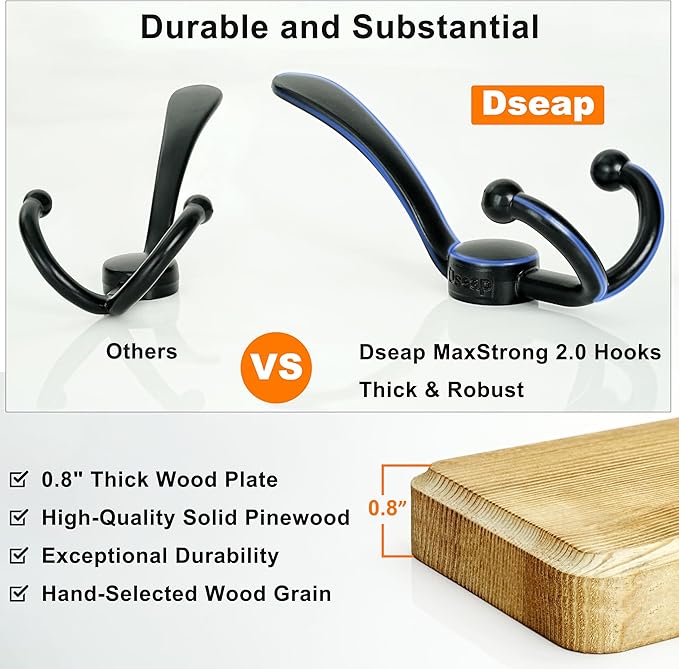Dseap Coat Rack Wall - Heavy-Duty 38-1/4" Long, with Reinforced 10 Custom Tri-Hooks, Solid Wood Wall Hanger for Coats Hat Jac