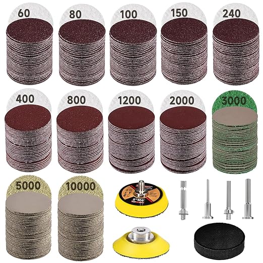 367 Pieces 2 Inch Sanding Discs, GOH DODD Wet Dry Sandpaper with Interface Pad and Backer Plate 1/4" 1/8" Shank, 60-10000 Grits Grinding Abrasive Sand Paper for Auto Metal Glass Resin Wood Sanding