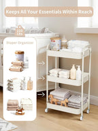 Fortella Baby Diaper Caddy, 3 Tier Rolling Storage Cart for Baby Essentials, Diaper Cart with Detachable Dividers, Storage Or
