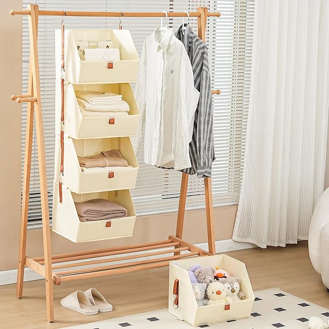 4 Tier Hanging Closet Organizer,Disassemblable Clothes Hanging Shelves,Fabric Closet Organizer System for Space-Saving,Foldab