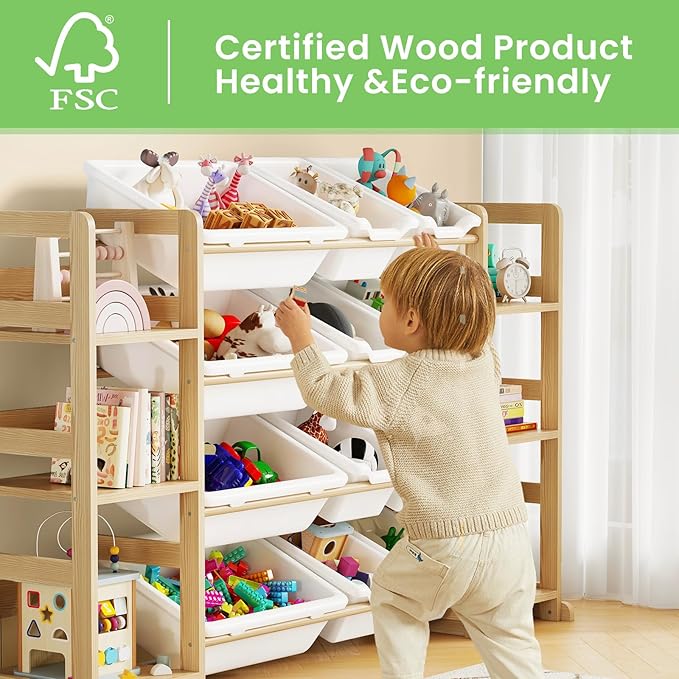 EXPERLAM Extra Large Toy Storage - Toy Storage Organizer, Wooden Toy Organizer with 6 Side Shelves and 12 Bins, 3-in-1 Booksh