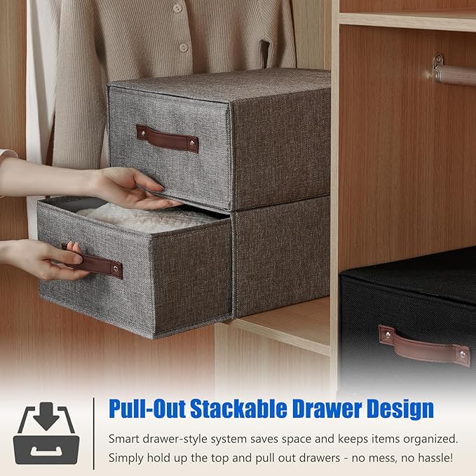Closet Drawer Organizer Stackable Fabric Storage Boxes Bins Baskets with Lid PU Leather Handles Foldable Washable Cotton Line