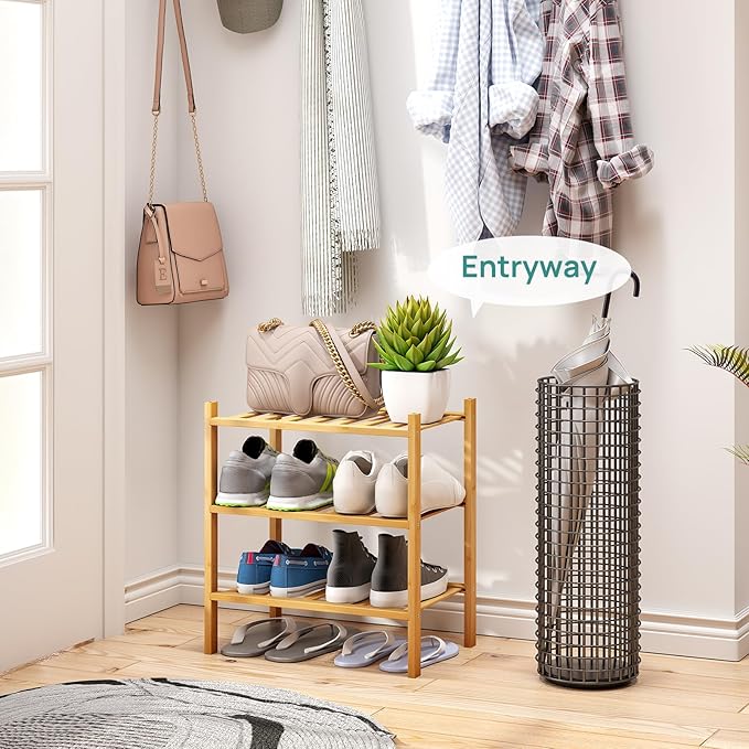 viewcare Small Shoe Rack, 3-Tier Shoe Rack for Entryway, Bamboo Wood Shoe Shelf for Closet & Hallway, Long 17.2IN | Beautiful