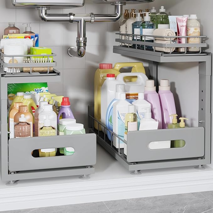Under Sink Organizer Upgrade To Professional Rails,2-Tier Dual Pull Out Cabinet Storage,Height Adjustable Slide Out Drawers F