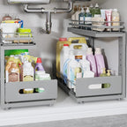 Under Sink Organizer Upgrade To Professional Rails,2-Tier Dual Pull Out Cabinet Storage,Height Adjustable Slide Out Drawers F