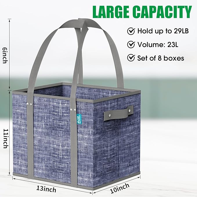 Fab totes Reusable Grocery Bags, Large Foldable Shopping Tote Bags with Reinforced Handles & Hard Bottom,8 Pack,Blue
