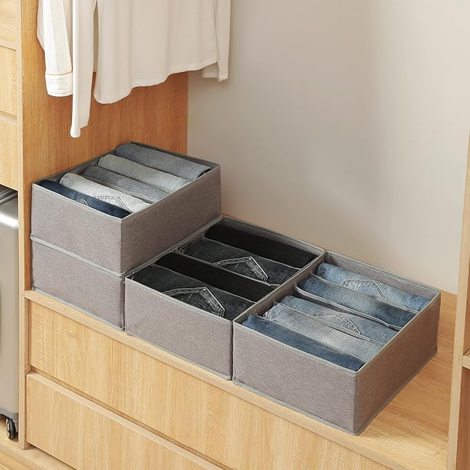 Qozary Pants Jeans Organizer for Closet, 4 Pack Drawer Organizers for Clothing, 5 Grids Wardrobe Clothes Storage for Deep Dra