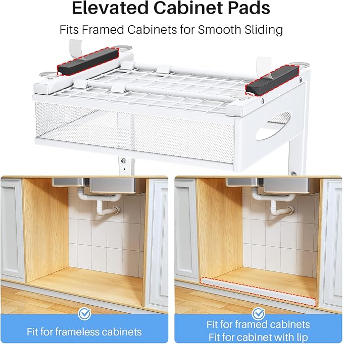 Under Sink Organizer, 2 Pack 2 Tier Pull Out Under Cabinet Organizer Shelf with Pad for Framed Cabinets, Metal Slide Out Unde