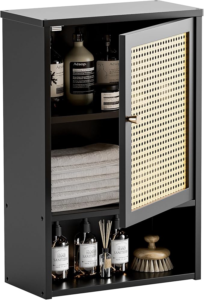 HITNET Wall Cabinet, Rattan Medicine Cabinet Over the Toilet with Adjustable Shelf, Space Saving Bathroom Hanging Storage for