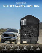 3W Floor Mats (with Metal Pedals) for Ford F-150 2015-2026 & F150 Lightning 2022-2025 SuperCrew (w/o Fold Flat Storage), TPE All Weather Custom Fit, Front & Rear 3PCS | Heavy Duty, Easy Clean - Black