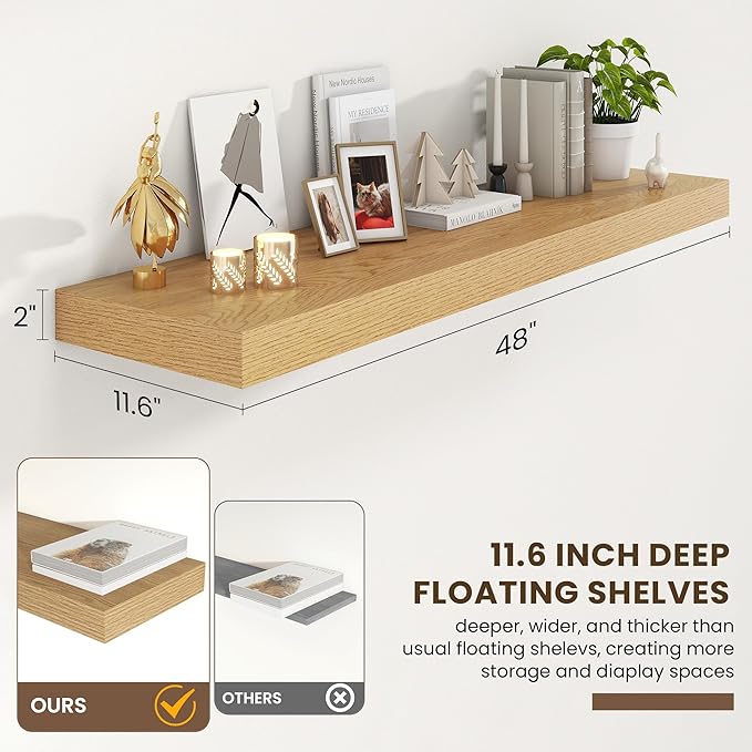 48 Inch Floating Shelves | 12 Inch Deep Oak Floating Shelves Set of 2 | 48" W x 12" D Oak Wall Shelves for Bathroom Living Ro