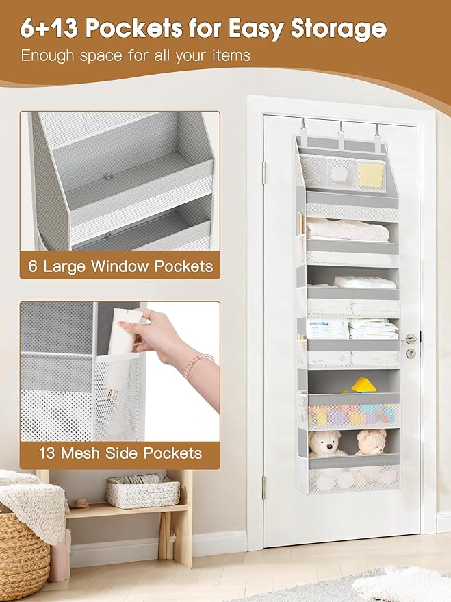 Criusia 2 Pack Over The Door Organizer, Heavy-Duty 6-Shelf Hanging Storage with 13 Mesh Pockets, 55lbs Capacity Behind The Do
