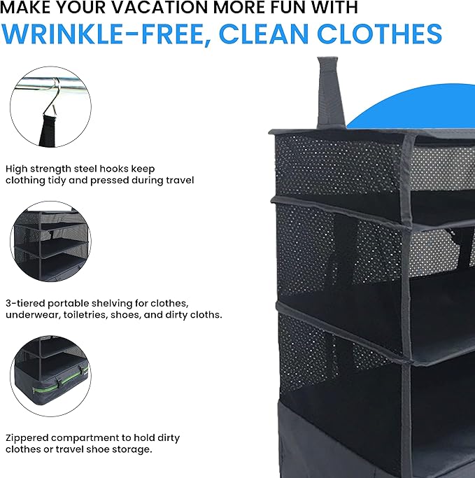 Stow-N-Go Portable Hanging Travel Shelves, Packing Organizer for Luggage. Carry on Closet for Clothes. Expandable Packing Cub