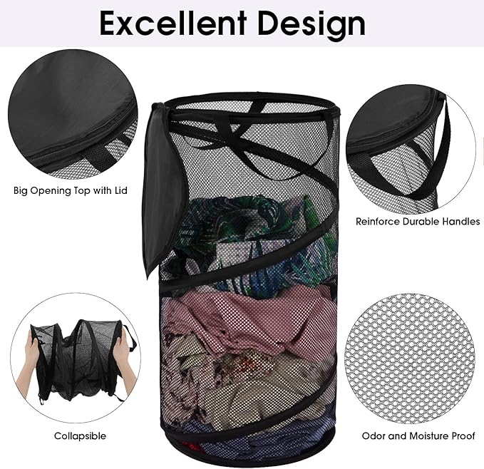 BATTOO Collapsible Laundry Basket with Lid Foldable Mesh Pop Up Hamper with Handles for Laundry Room, Bathroom, Kids Room, Co