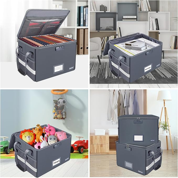 ENGPOW File Box with Lock, Fireproof Document Box with Pockets, Collapsible File Organizer Filing Storage Cabinet with Handle