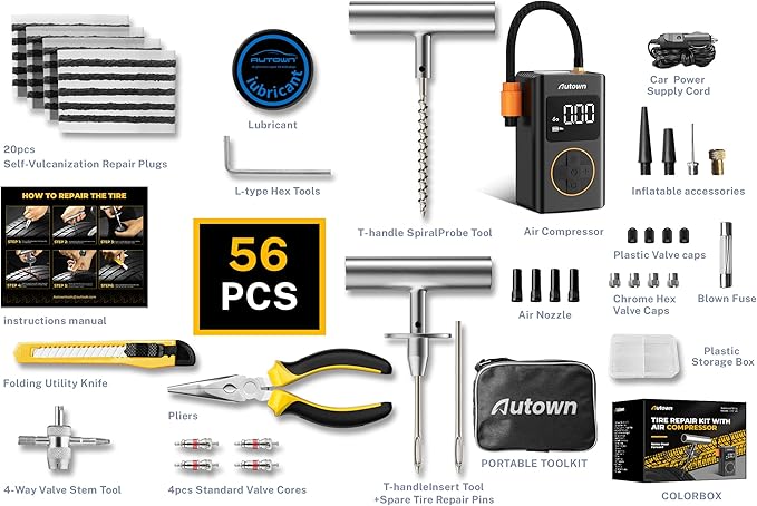 AUTOWN Flat Tire Repair Kit with Air Compressor 54 Pieces for Car, Motorcycle, ATV, Jeep, Truck, Tractor Flat Tire Repair (54