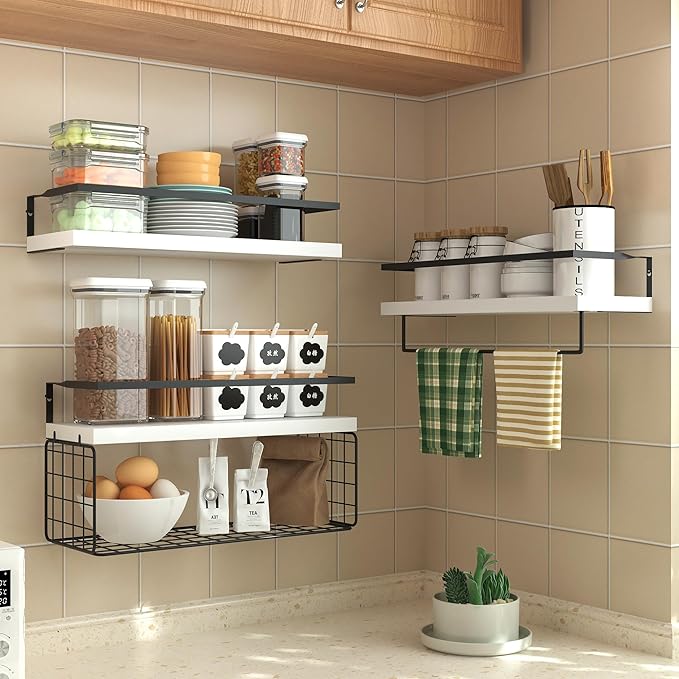 White Wood Floating Shelves Wall Mounted - 3+1 Tier Rustic Bathroom Wall Shelves Over Toilet with Wire Storage Basket & Towel