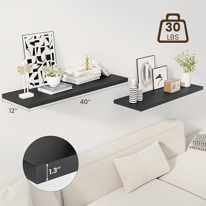 Dreamland 40" Floating Shelves for Wall, 12" Deep Slim Black Floating Shelves, Wall-Mounted Shelves for Bedroom, Living Room,