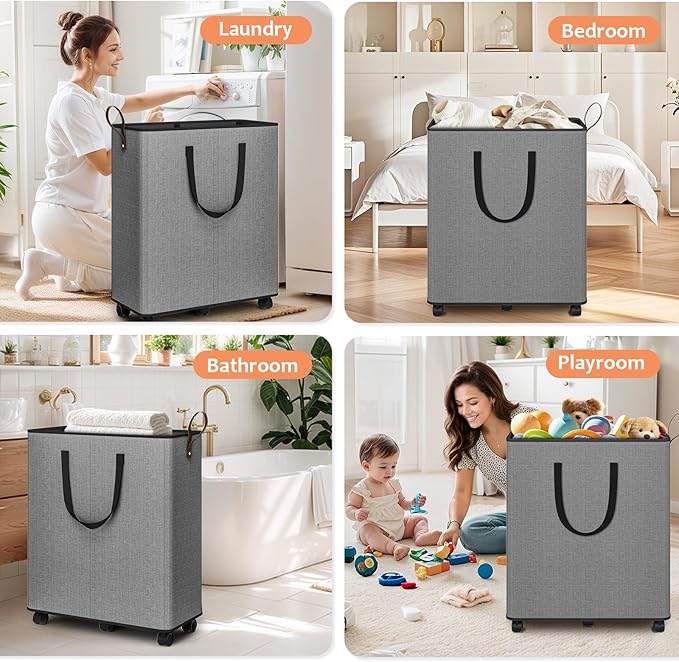 SpaceTrove Laundry Basket with Wheels, Collapsible Laundry Baskets, Laundry Hamper with Handles Detachable Wheels, Rolling La