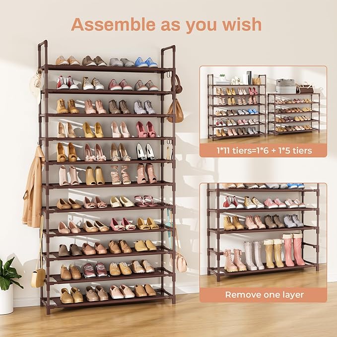 LANTEFUL 11 Tiers Tall Shoe Rack Holds 55 Pairs of Shoes with 18pcs Hooks Sturdy Wide Shoe Organizer Storage Free Standing Me