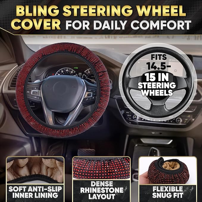 Red Bling Car Accessories Set, 27 Pieces Car Interior Set Including Steering Wheel Cover, Diamond License Plate Frame, Phone Holder, Coasters, Hooks, Great Gift for Women Drivers