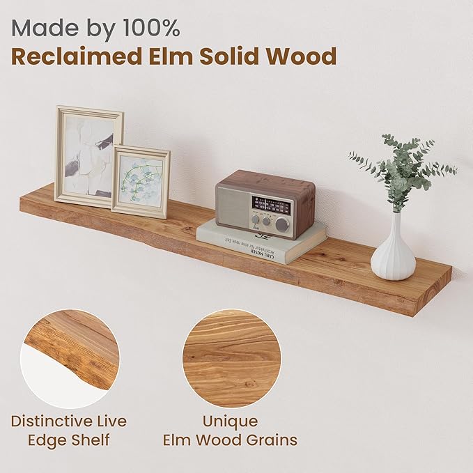 Floating Shelves for Wall Decor, Rustic Solid Elm Wood Live Edge Floating Shelves Wall Mounted, Wall Shelves with Invisible B