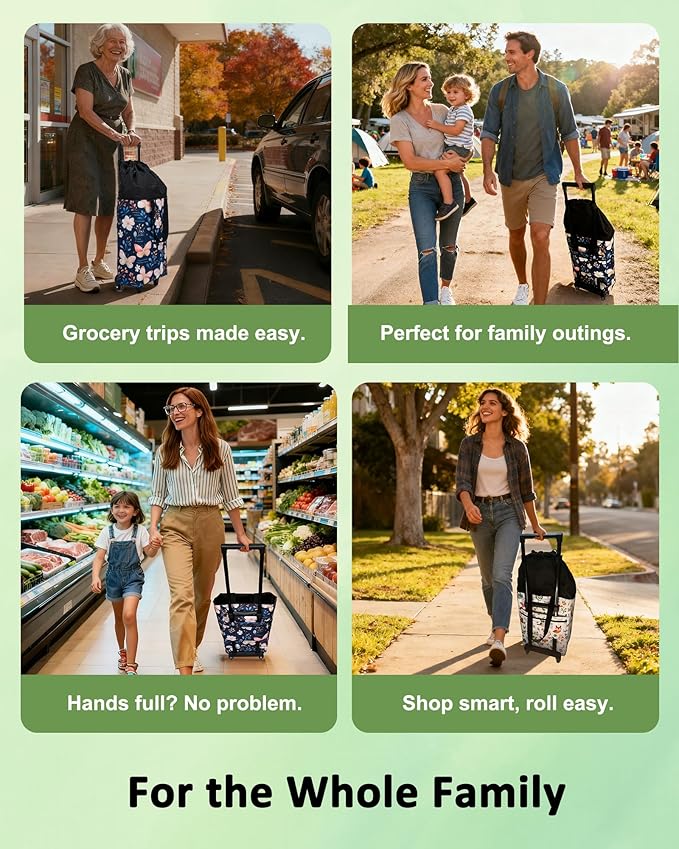 Foldable Rolling Bag, Portable Small Shopping Cart with Wheels, Collapsible Shopping Tote with Stylish Pattern for Market & Grocery Runs–Gift for Women & Seniors, Expandable L, Black