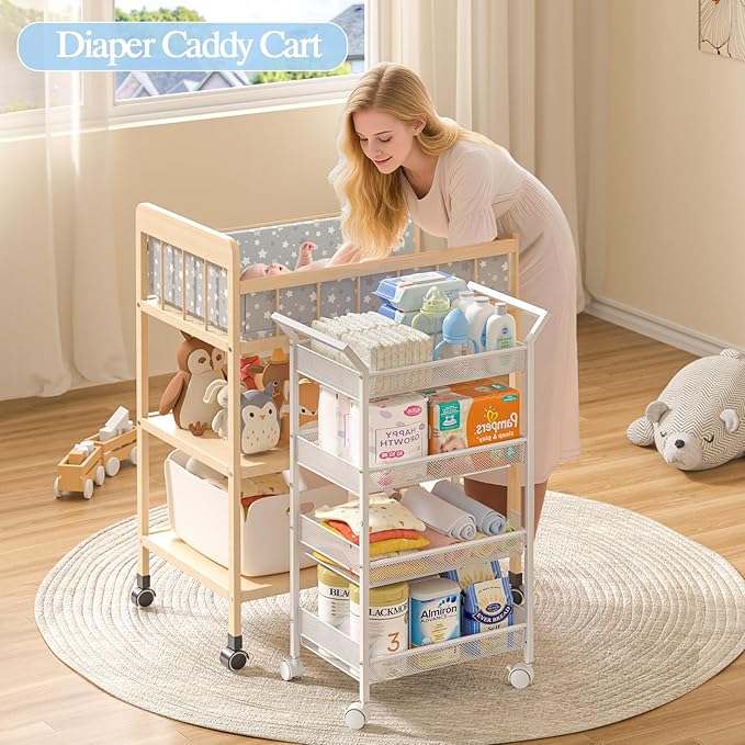 2 Pack Baby Diaper Caddy Cart, 4-Tier Diaper Caddy Organizer and Storage, Rolling Utility Cart for Baby Supplies, Diaper Cart