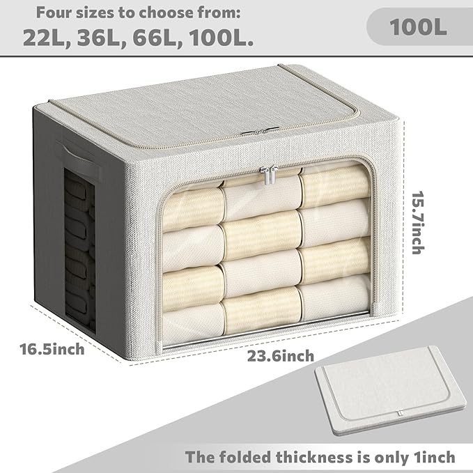 FHSQX 2 Pack Clear Window Storage Bins Large Stackable Linen Fabric Storage for Clothes Foldable Container Organizer Set with