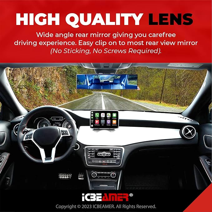 9.4" ICBEAMER Clip On Rear View Mirror | Convex Blue Tint, Panoramic Wide Angle HD Glass, Anti Glare, Universal Fit for Car, SUV, Truck | Eliminates Blind Spots (1 Pack)