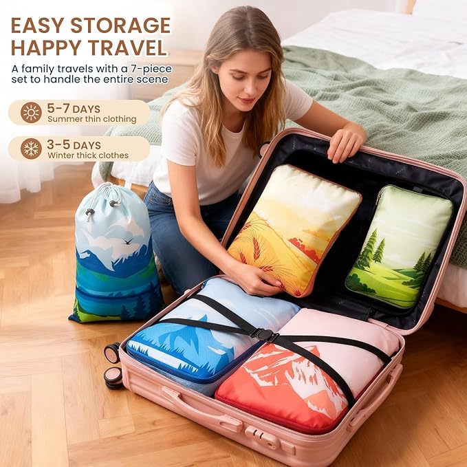 7 Set Compression Packing Cubes for Travel - Compressible/Expandable Luggage Organizer Bags Set, Double Zipper Packing Organi