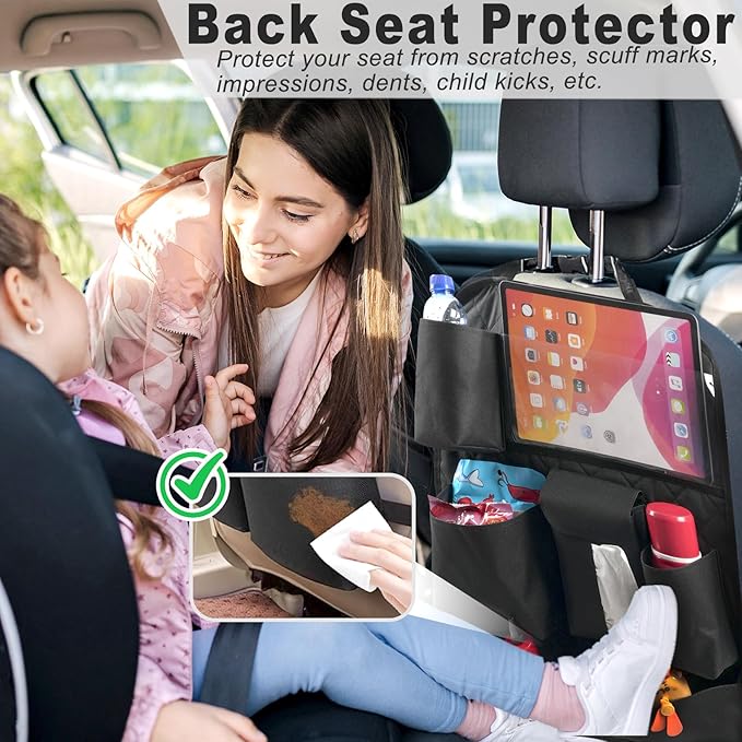 Car Seat Organizers,Multi-functional Back Seat Protectors, Storage Pouches, Child kicking prevention and Tray Holders Kick Mats Back (for Cars, Kids,and Rear Seats) (Black, 2 Pack)