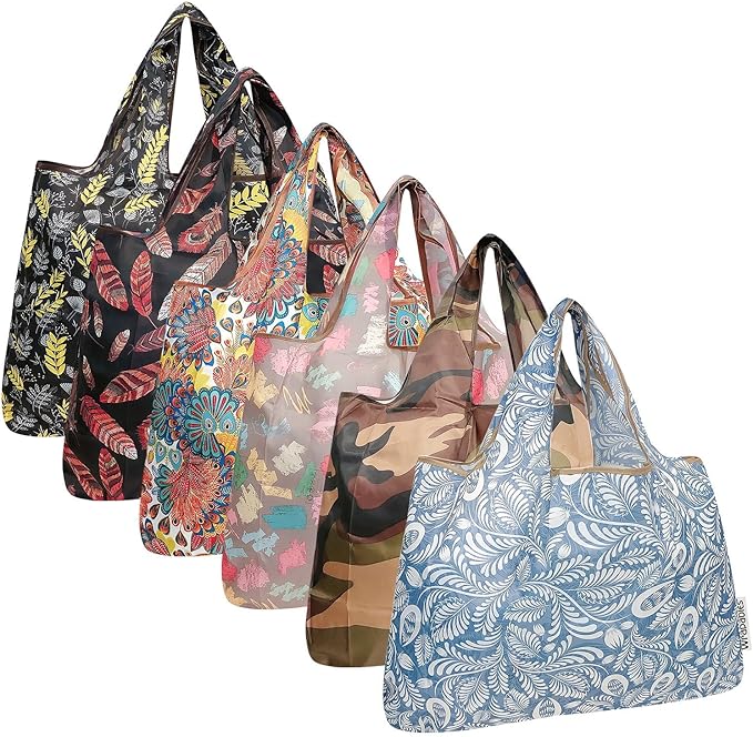 allydrew Large Foldable Tote Nylon Reusable Grocery Bags, 6 Pack
