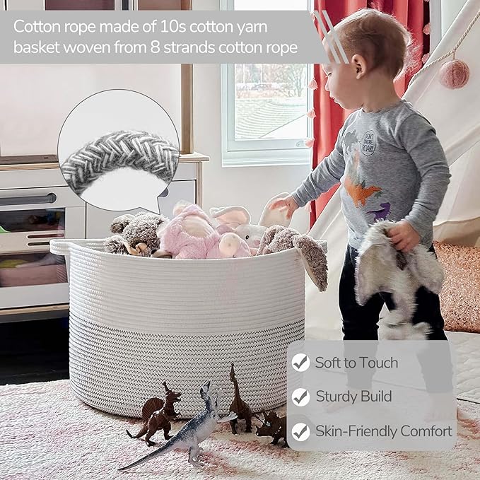 INDRESSME XXXLarge Cotton Rope Basket 21.7" x 21.7" x 13.8" Woven Baby Laundry Basket for Blankets Toys Storage Baskets with 