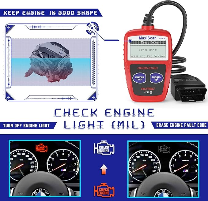 Autel OBD2 Scanner MS309 Universal Car Engine Fault Code Reader, Check Engine Light and Emission Monitor Status, OBDII CAN