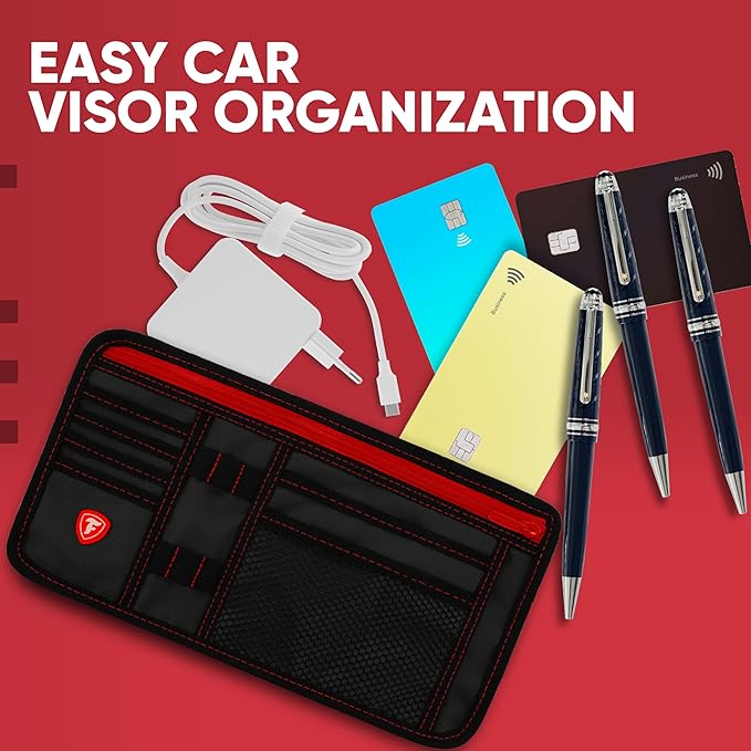 Firestone 2-Pack Car Sun Visor Organizer | 8 Compartment Car & Truck Visor Organizer with Holder & Slots for Sunglasses, License, Registration & More, Black Red