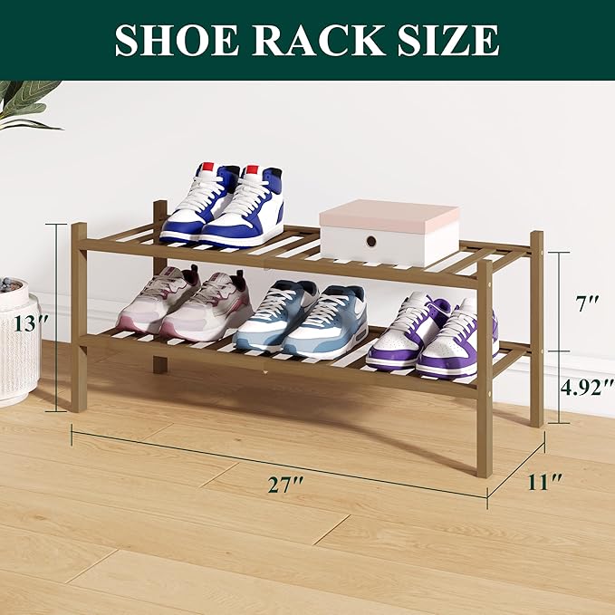 Smiry Bamboo Shoe Rack for Closet, 2 Tier Wooden Stackable Shoe Organizer, Free Standing Shoes Storage Shelf for Entryway, Fr