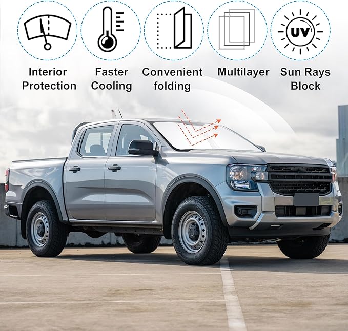 Front Windshield Sun Shade Foldable Front Window Sun Shield Visor Custom Fit for 2019-2024 Fo-rd Ranger Block UV Rays Car Accessories Heat Keep Car Cooler