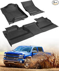 All Weather Floor Mats 2014-2018 for Chevy Silverado & GMC Sierra 1500, 2015-2019 2500HD 3500 HD, Only Crew Cab & Front Center Console & Bucket Seat, Waterproof TPE Rubber Car Accessories
