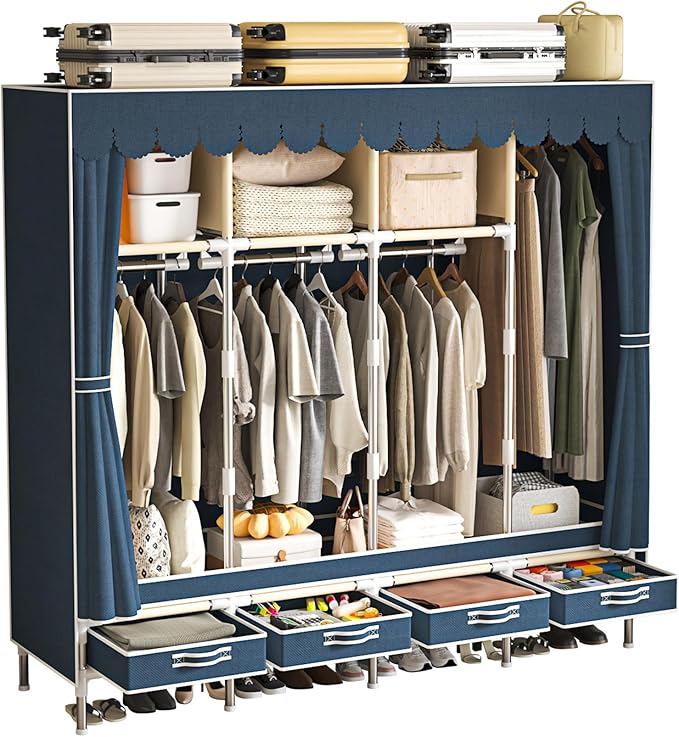 Portable Wardrobe with 4 Drawers and 3 Shelves, 67 Inch Large Capacity Freestanding Wardrobe Hanging Organizer with Lid for B