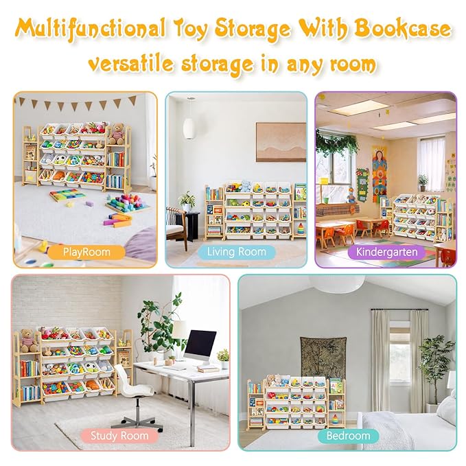 Kids Toy Storage Organizer with Bookshelf – Wooden Shelf with 16 Bins & 6 Shelves, Quick Assembly Storage Rack for Playroom, 