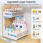 Under Sink Organizer, 2 Pack 2 Tier Pull Out Under Cabinet Organizer Shelf with Pad for Framed Cabinets, Metal Slide Out Unde