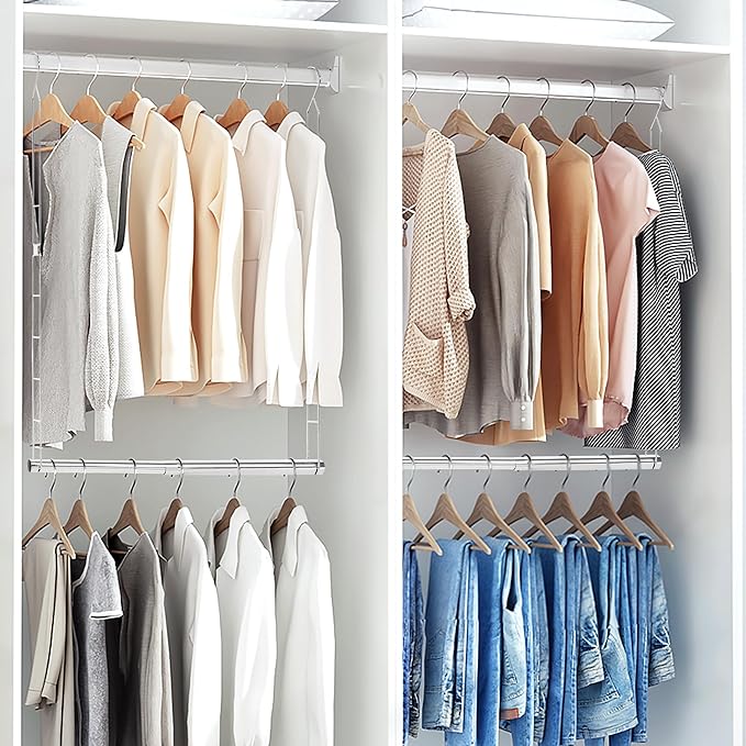 STORAGE MANIAC Hanging Closet Rod, Adjustable Width and Height Closet Hanging Organizer, Space-Saving Clothes Hanging Bar, Cl