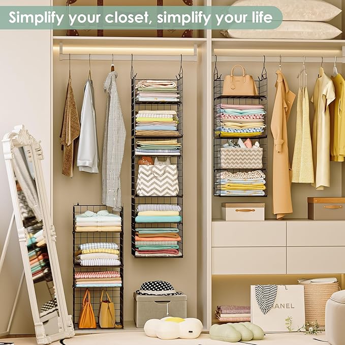 6-Tier Closet Hanging Organizer Shelves, Hanging Closet Organizer and Storage Bin with Adjustable Dividers, Metal & Foldable 