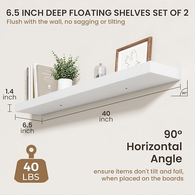 40 Inch Floating Shelves | 6.5 Inch Deep White Floating Shelves Set of 2 | 40" W x 6.5" D Rustic White Wood Wall Shelves with