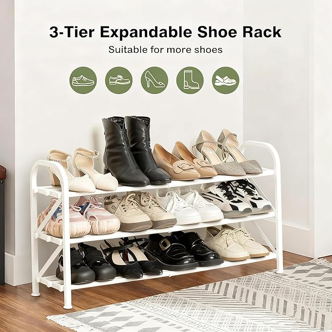 3-Tier Shoe Rack for Closet, 16"-32" Expandable ShoeRackAdjustable for Entryway Closet Doorway SturdyMetal, White